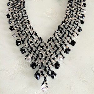 Czech Glass Bead BLACK, CRYSTAL "V" NECKLACE 20"